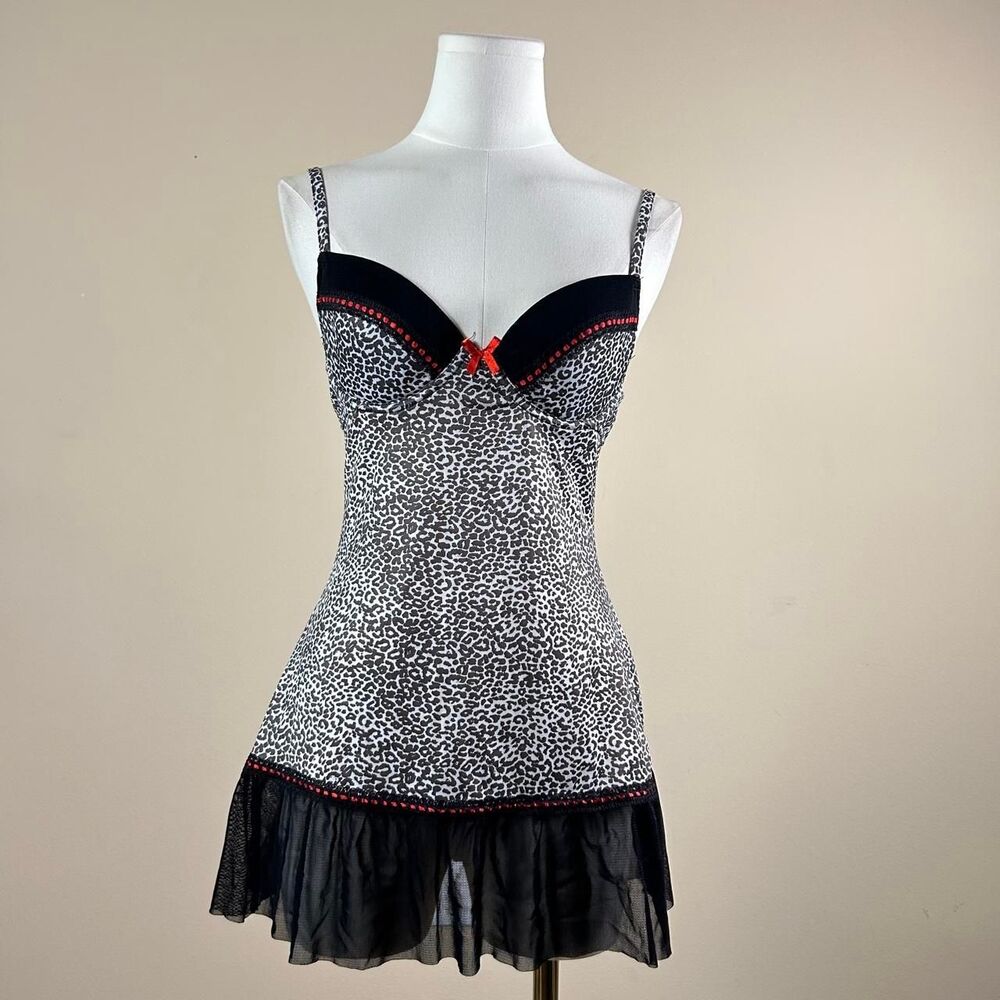 Y2K Rampage Black and White Leopard Slip with Red Contrast Lace